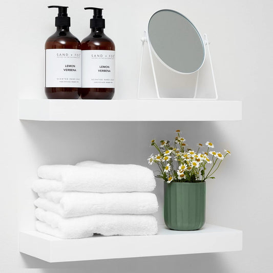 Homeforia White Floating Shelf 18 inch, High End Solid Real Wood 18inch Bathroom Floating Shelves for Wall Mounted, White Wooden 18in Floating Shelves, Heavy Duty Bracket, 18 X 6.5 X 1.75 in, Set of 4