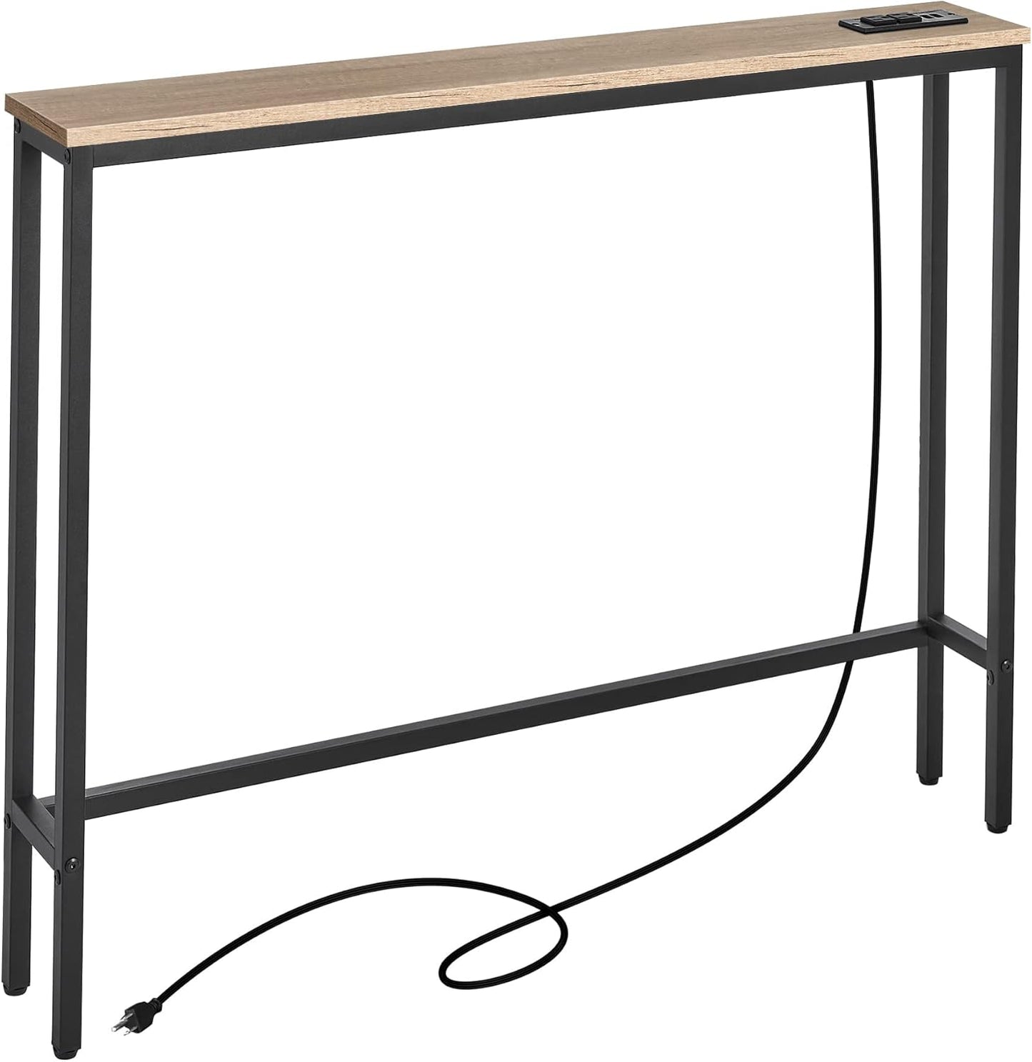 ELYKEN 5.9" Narrow Console Sofa Table with Power Outlets, 5.9" Dx39.4 Wx31.1 H Long Couch Table with Metal Frame and Charge Station with 6.5’ Extension Cord, White Oak