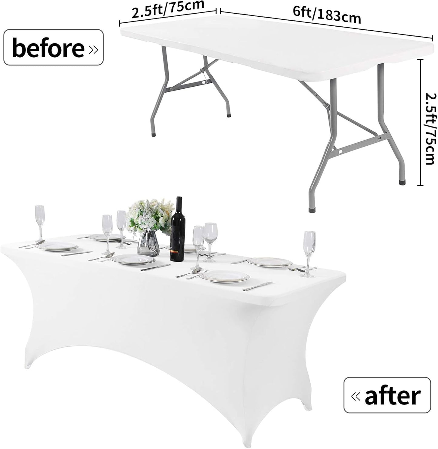 2Pack Spandex Table Cover for 6Ft or 4fT or 8ft Table Universal Fitted Stretch Tablecloth for Party, Banquet, Wedding and Events-White