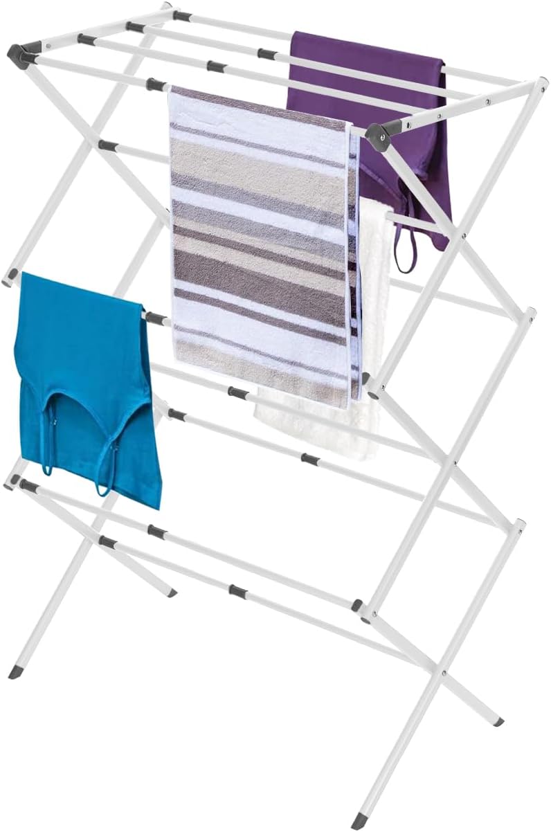 BLACK+DECKER 3 Tier Expandable Collapsing Foldable Laundry Rack for Air Drying Clothing, Space Saving Heavy Duty Lightweight Metal Drying Rack(White)