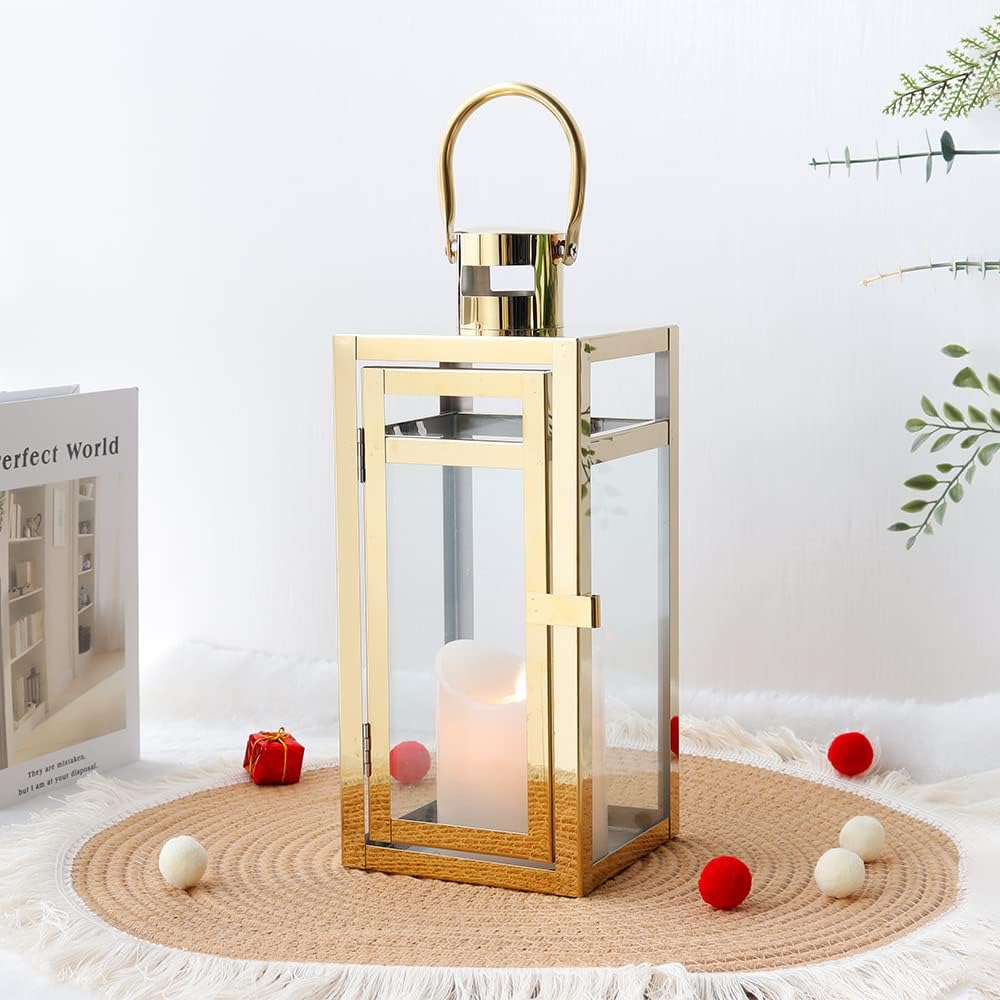 TRIROCKS Stainless Steel Decorative Lantern 12'' High Metal Candle Holder Outdoor Candle Lantern with Tempered Panels for Christmas Home Decor Living Room Parties Events Tabletop Indoor Outdoor (Gold)