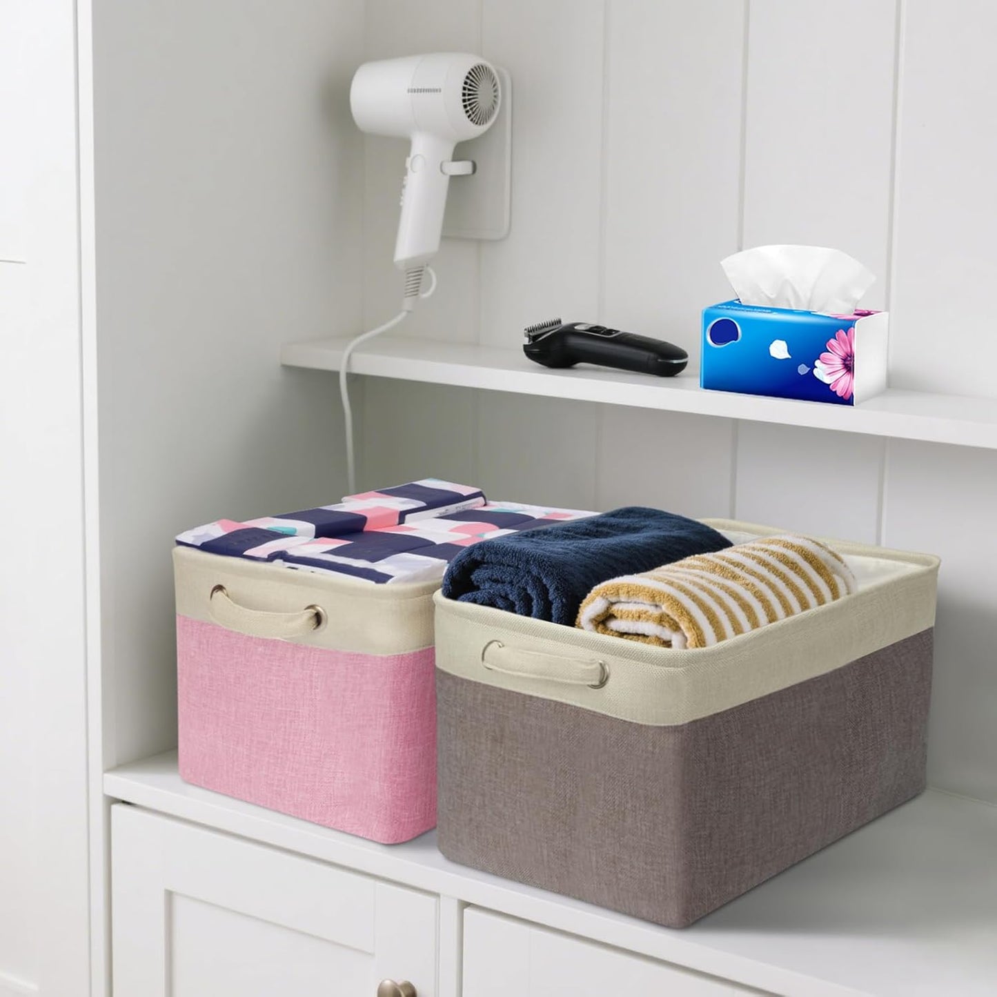 BALEINE 4 Pack Fabric Storage Bins for Shelves, Linen Storage Baskets for Organizing, Decorative Closet Bins for Clothes, Home (Pink, 15''x11''x9.5'')