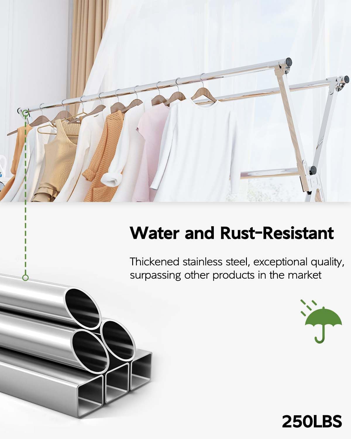 Clothes Drying Rack 95 Inches Folding Outdoor Indoor, Drying Rack Clothing Collapsible, Foldable Laundry Drying Rack, Heavy Duty Stainless Steel Clothesline, 20 Hooks 12 Clips