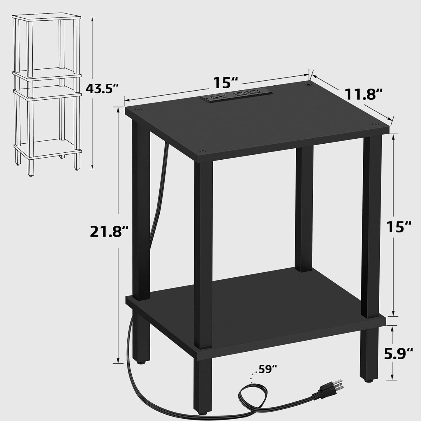 TUTOTAK End Table with Charging Station, Side Table with USB Ports and Outlets, Nightstand, 2-Tier Storage Shelf, Sofa Table for Small Space TB01BK040