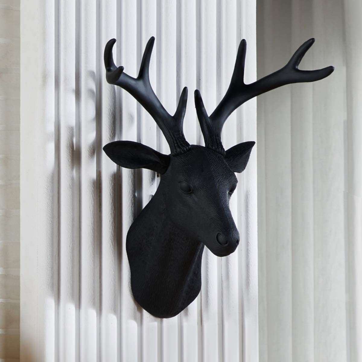 Notakia White Faux Deer Head Faux Taxidermy Animal Head Wall Decor - Handmade Farmhouse Rustic Wall Decor - Large Black Deer Antlers