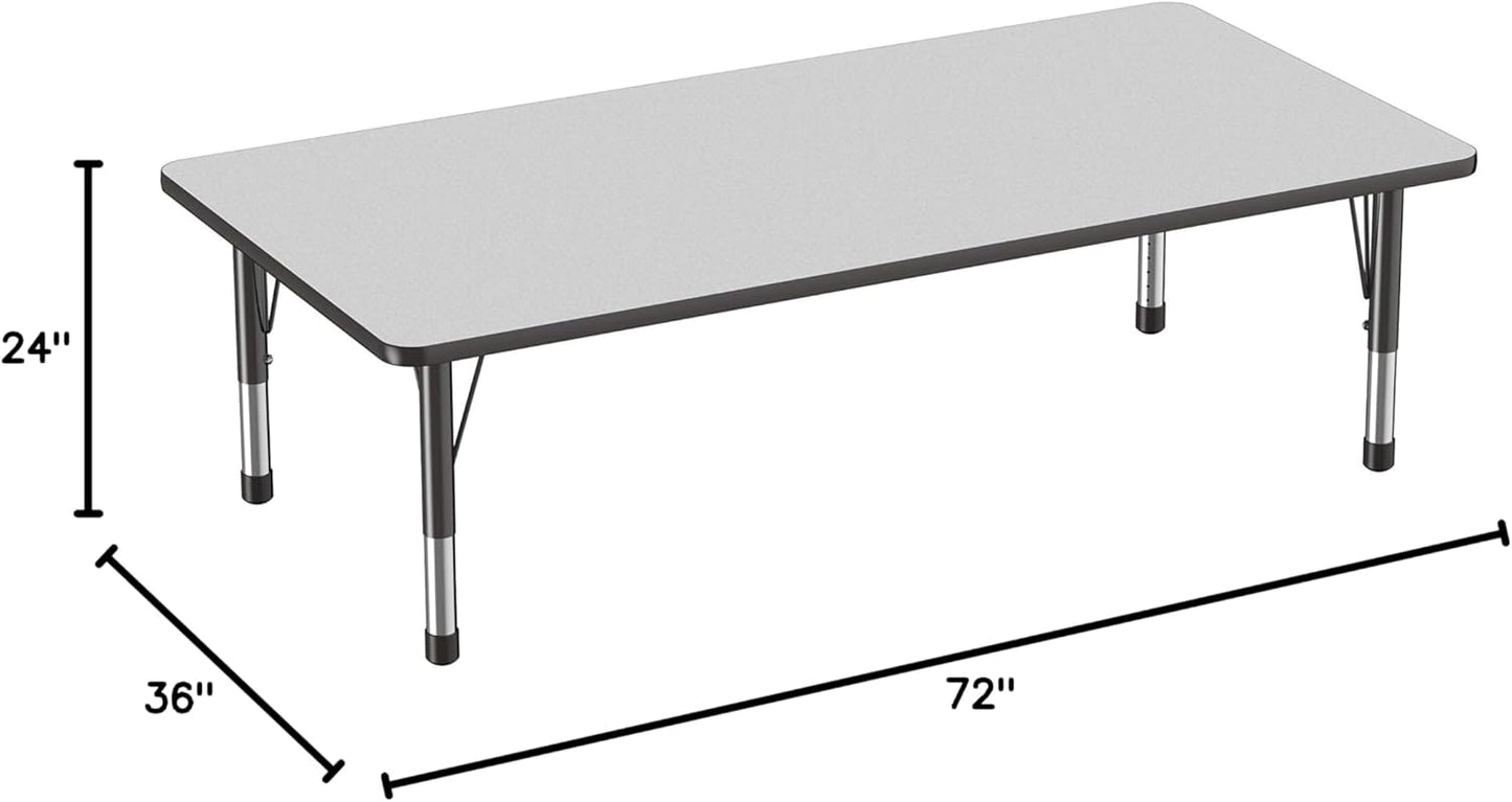 FDP Rectangle Activity School and Classroom Kids Table (36 x 72 inch), Toddler Legs, Adjustable Height 15-24 inches - Gray Top and Black Edge