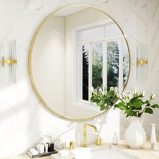 BEAUTYPEAK 20 Inch Round Mirror, Metal Frame Circle Mirror, Wall Mounted for Entryway, Bathroom, Vanity, Living Room, Gold