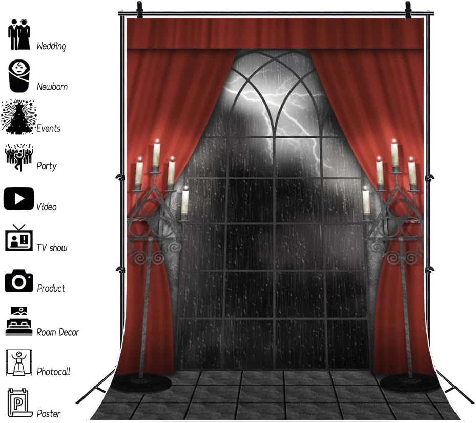 Renaiss 3x5ft Vintage Gothic Window Backdrop Red Curtain Candlestick Black Floor Lightning Stormy Sky Vampire Medieval Castle Photography Background Halloween Dress Up Party Decors Photo Booth Props