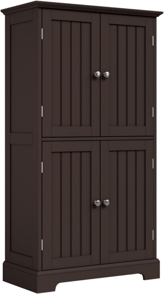 ChooChoo Bathroom Floor Cabinet, Modern Bathroom Storage Cabinet with 4 Doors and Adjustable Shelves, Freestanding Cupboard for Living Room, Espresso
