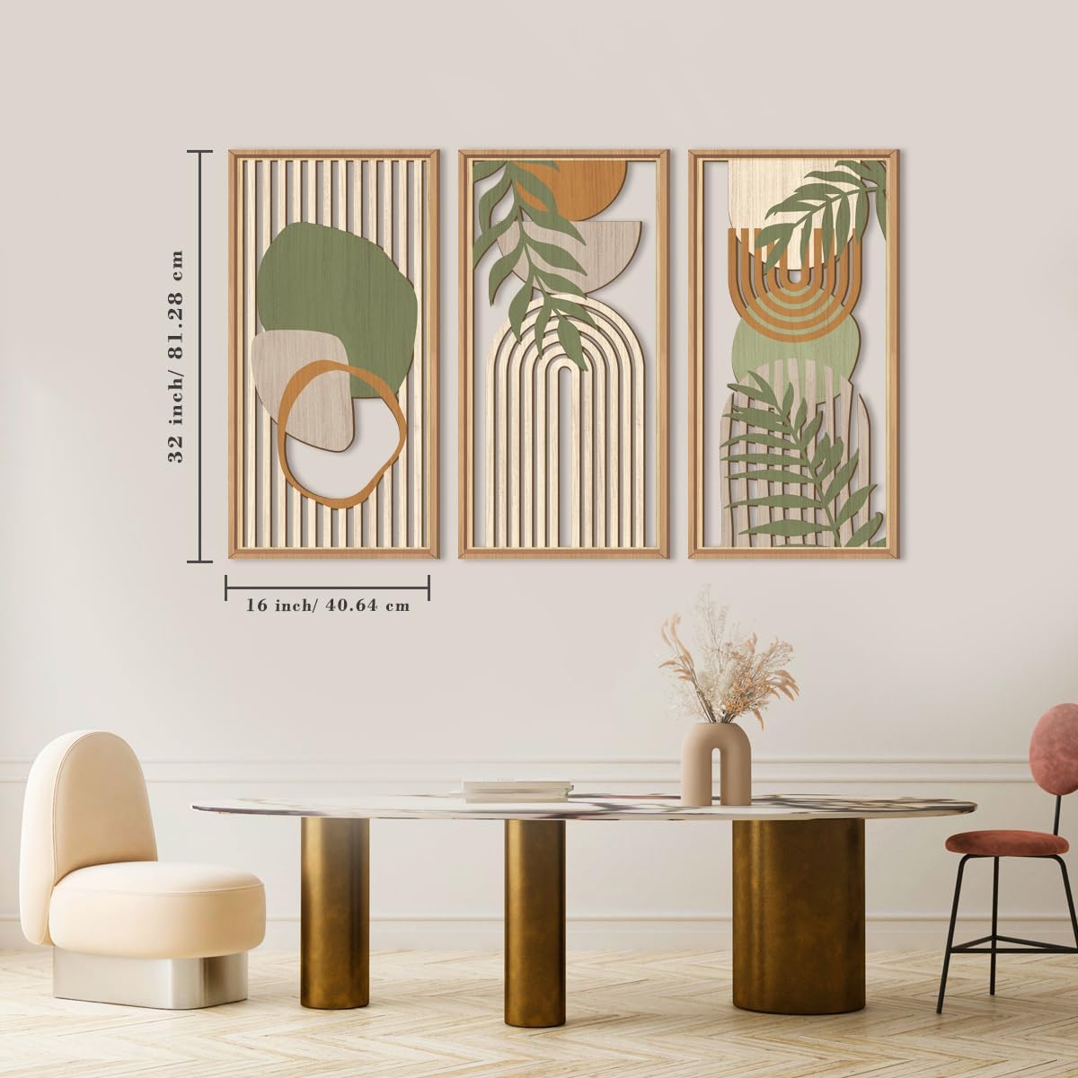 IARTTOP Large Boho Wood Wall Art Framed Mid-century Modern Wooden Wall Decor Set of 3 Green Bohemian Abstract Wall Art Decor For Bedroom Living Room Office-16 x32