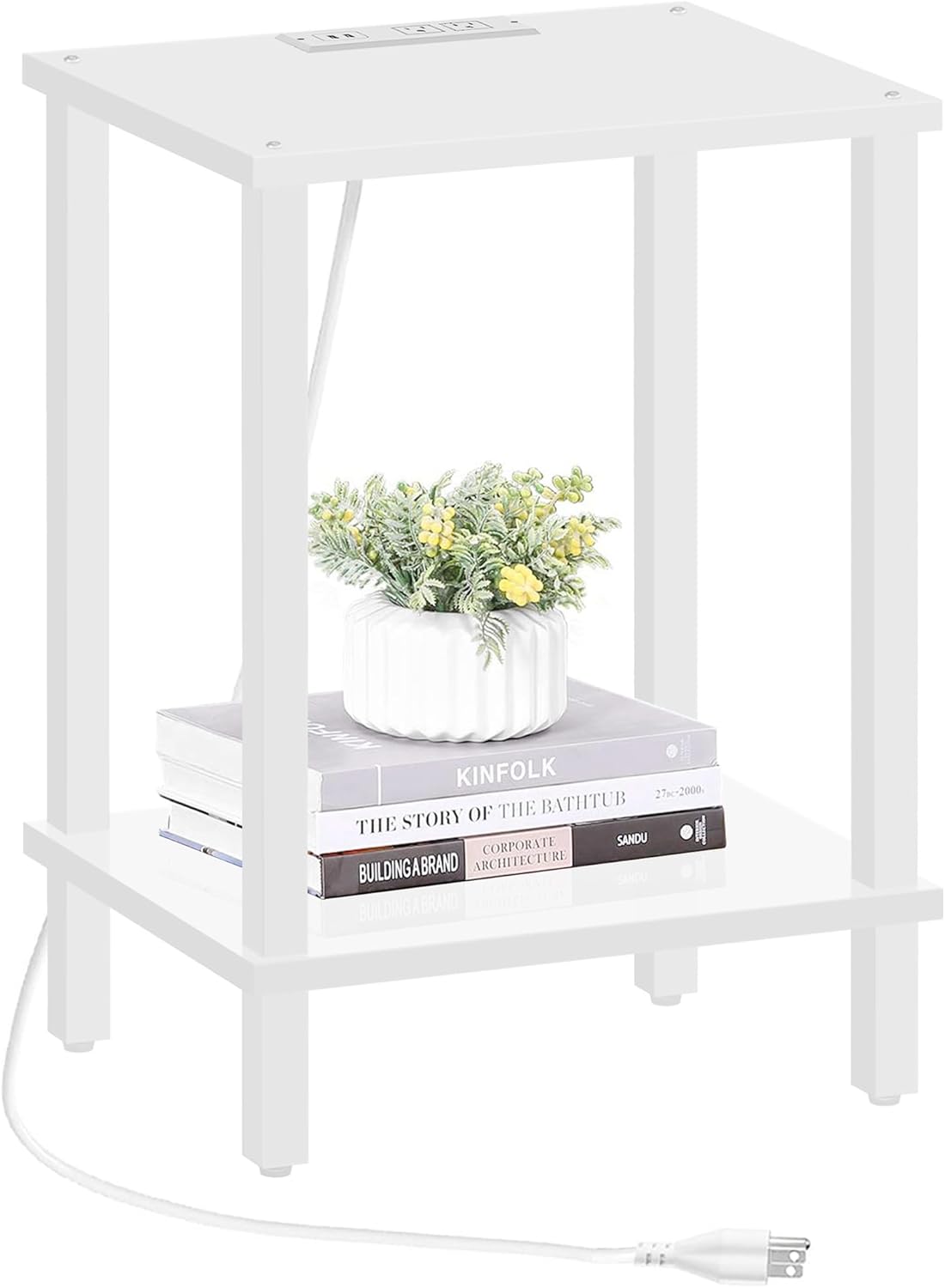 TUTOTAK End Table with Charging Station, Small Side Table with Outlets, Nightstand Bedside Table, 2-Tier Storage Shelf for Small Space, Living Room, Bedroom, White TB01BW040