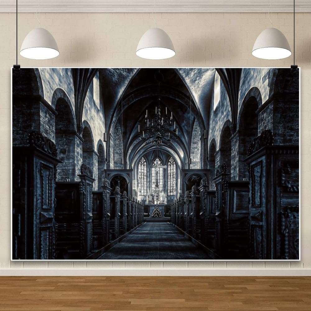 ChloropLastid 15x10ft Scary Church Halloween Backdrop Dark Black Horror Gothic Medieval Castle Interior Photography Background Halloween Night Carnival Theme Party Decor Banner Photo Studio Props