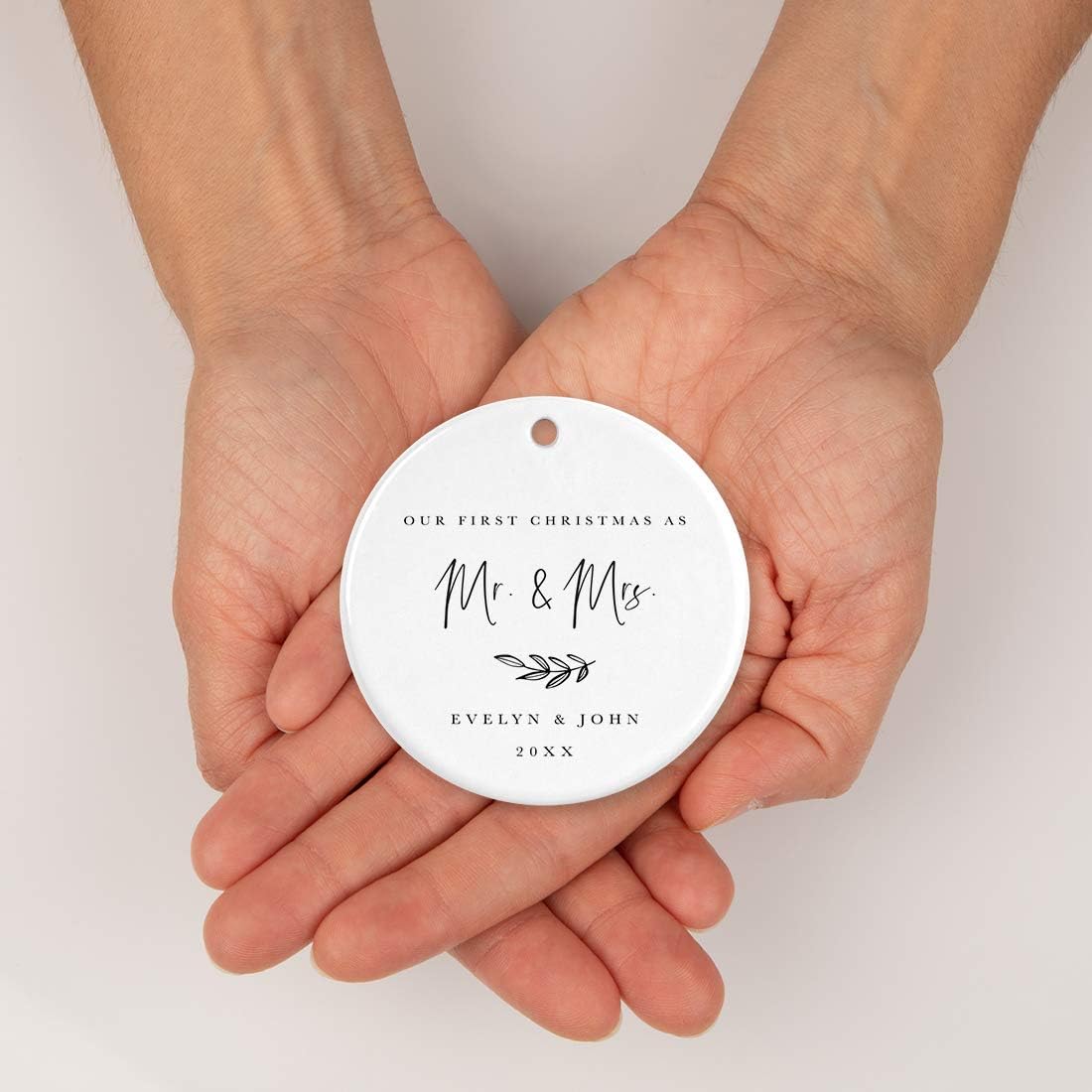 Andaz Press Personalized Wedding Round Ceramic Porcelain Christmas Tree Ornament Engagement Keepsake Collectible Gift Our First Christmas as Mr. & Mrs, Evelyn & John 2024, Antique Handdrawn, 1-Pack