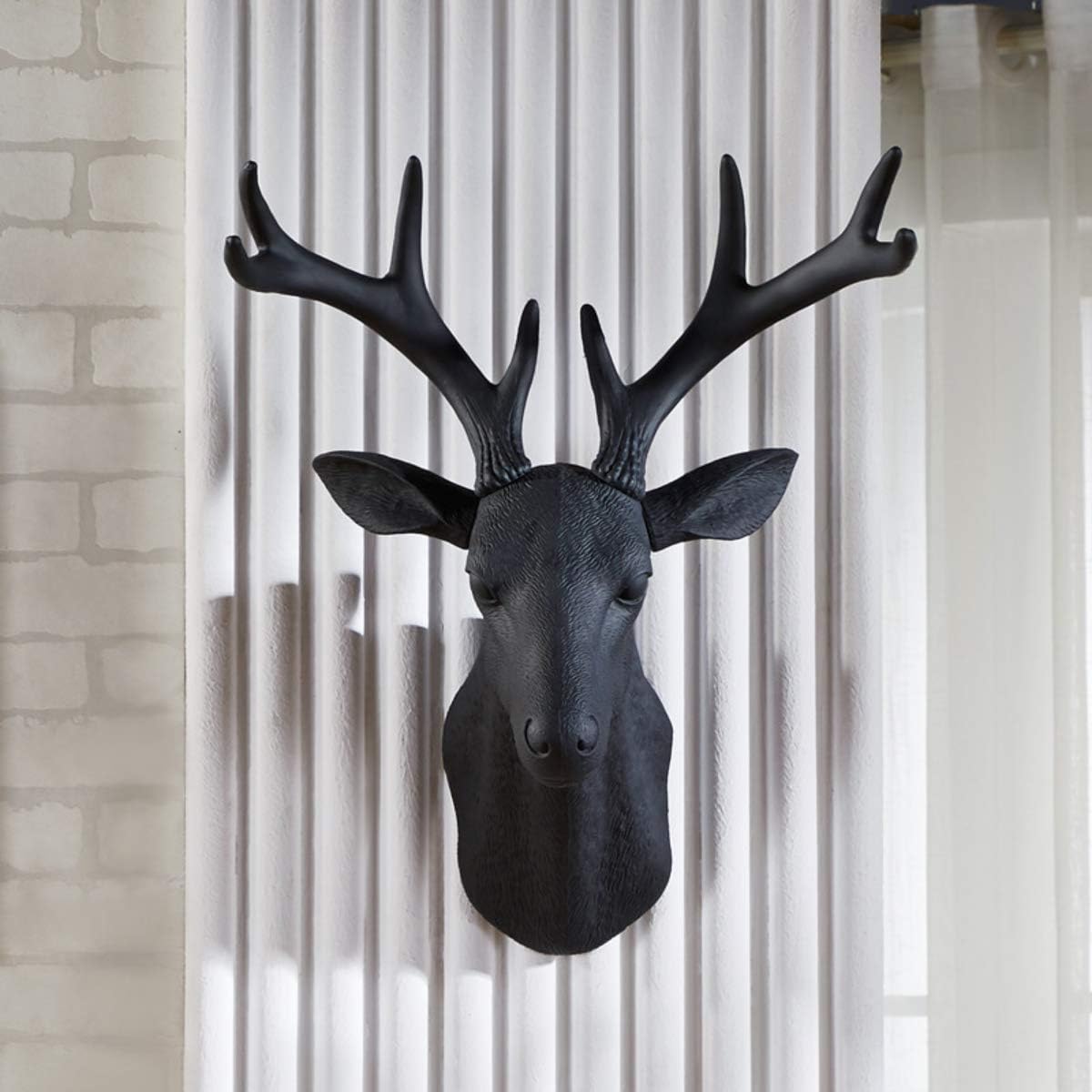 Notakia White Faux Deer Head Faux Taxidermy Animal Head Wall Decor - Handmade Farmhouse Rustic Wall Decor - Large Black Deer Antlers