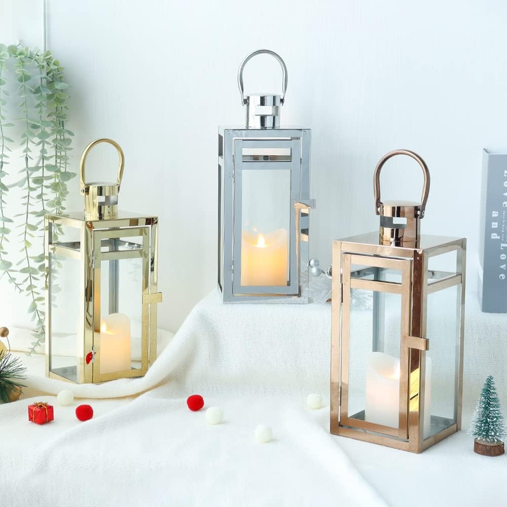 TRIROCKS Stainless Steel Decorative Lantern 12'' High Metal Hanging Lantern with Clear Glass Panels Perfect for Home Decor Living Room Parties Events Tabletop Indoors Outdoors (Silver)