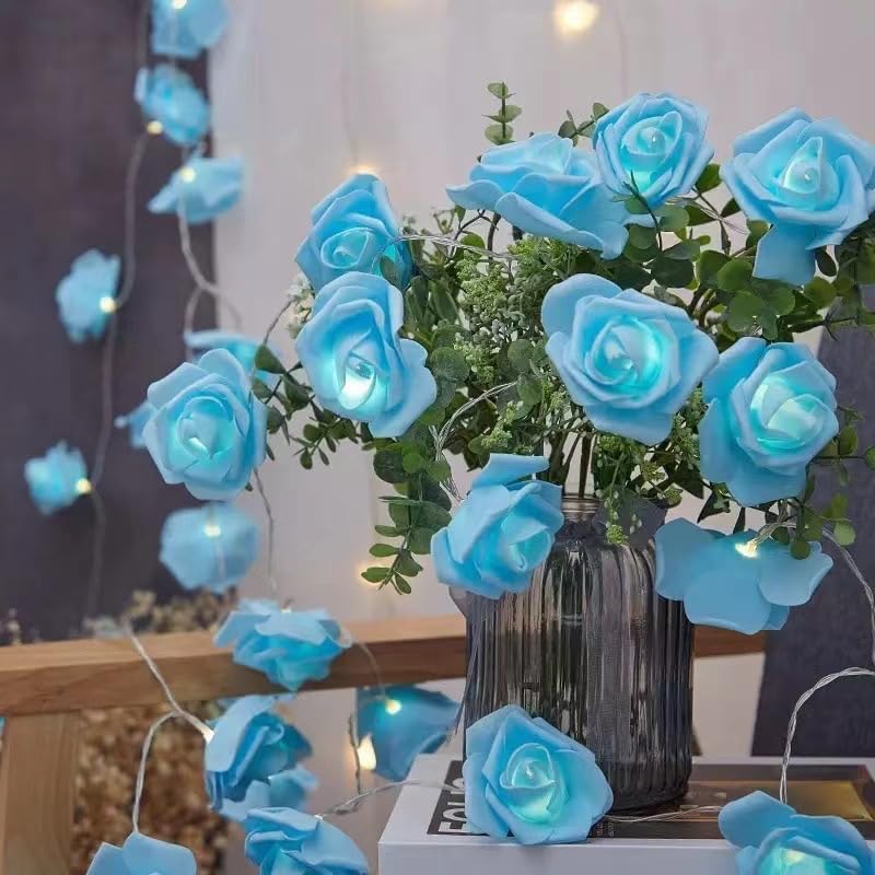 Everlasting Splashes LED Rose Flower Fairy String Lights Battery Operated Warm Flashing Light for Romantic Proposal Wedding Party Birthday Christmas Thanksgiving DIY Indoor Outdoor Decorations (Blue)