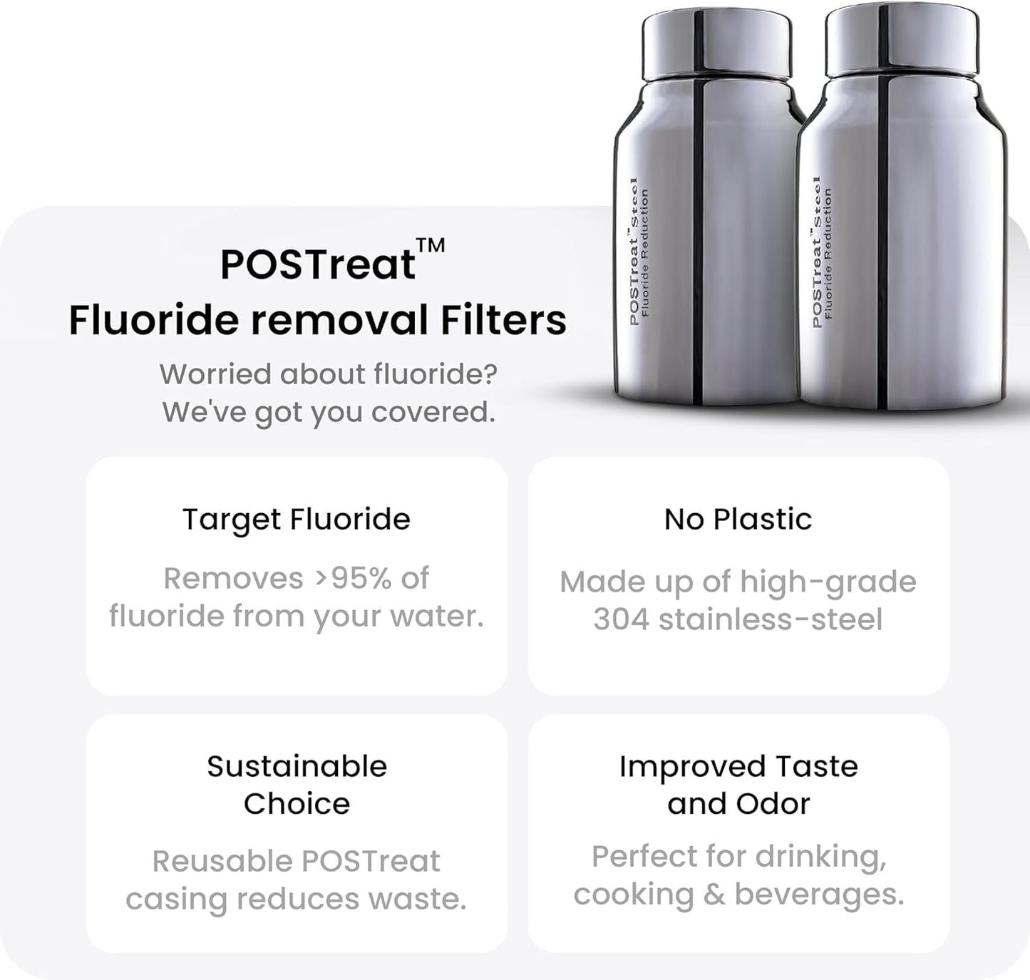 1.5 Gallons NSF Certified AISI 304 Stainless Steel Water Filter with 2 Smart Carbon (Black) Filters, 2 POSTreat Steel Fluoride Removal Elements & Free Stainless Steel Spigot