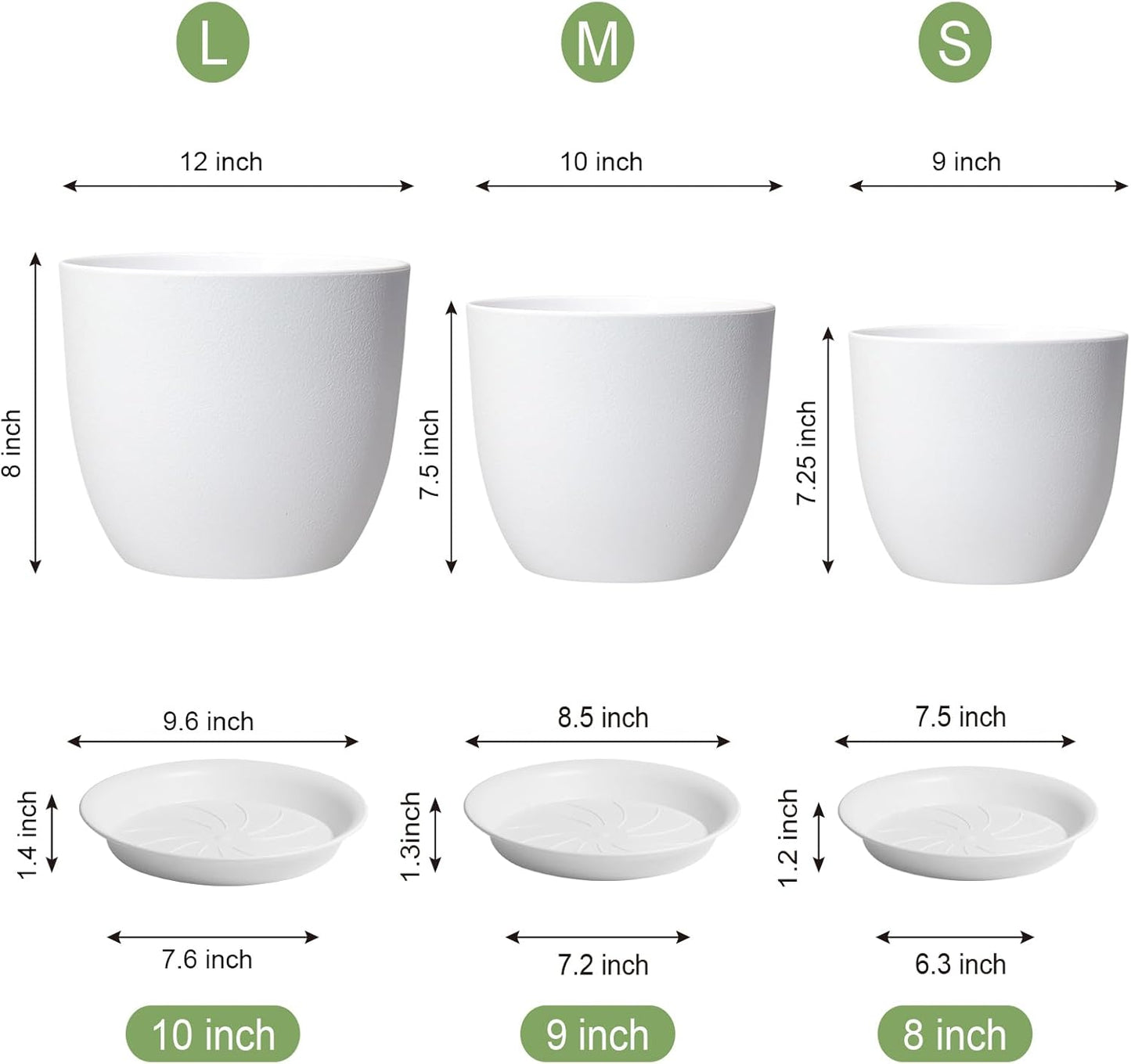 12/10/9 inch Large Plant Pots, 3 Pack Modern Decorative Plastic Planters with Drainage Holes and Saucers, Flower Pots for Indoor Outdoor Plants, White