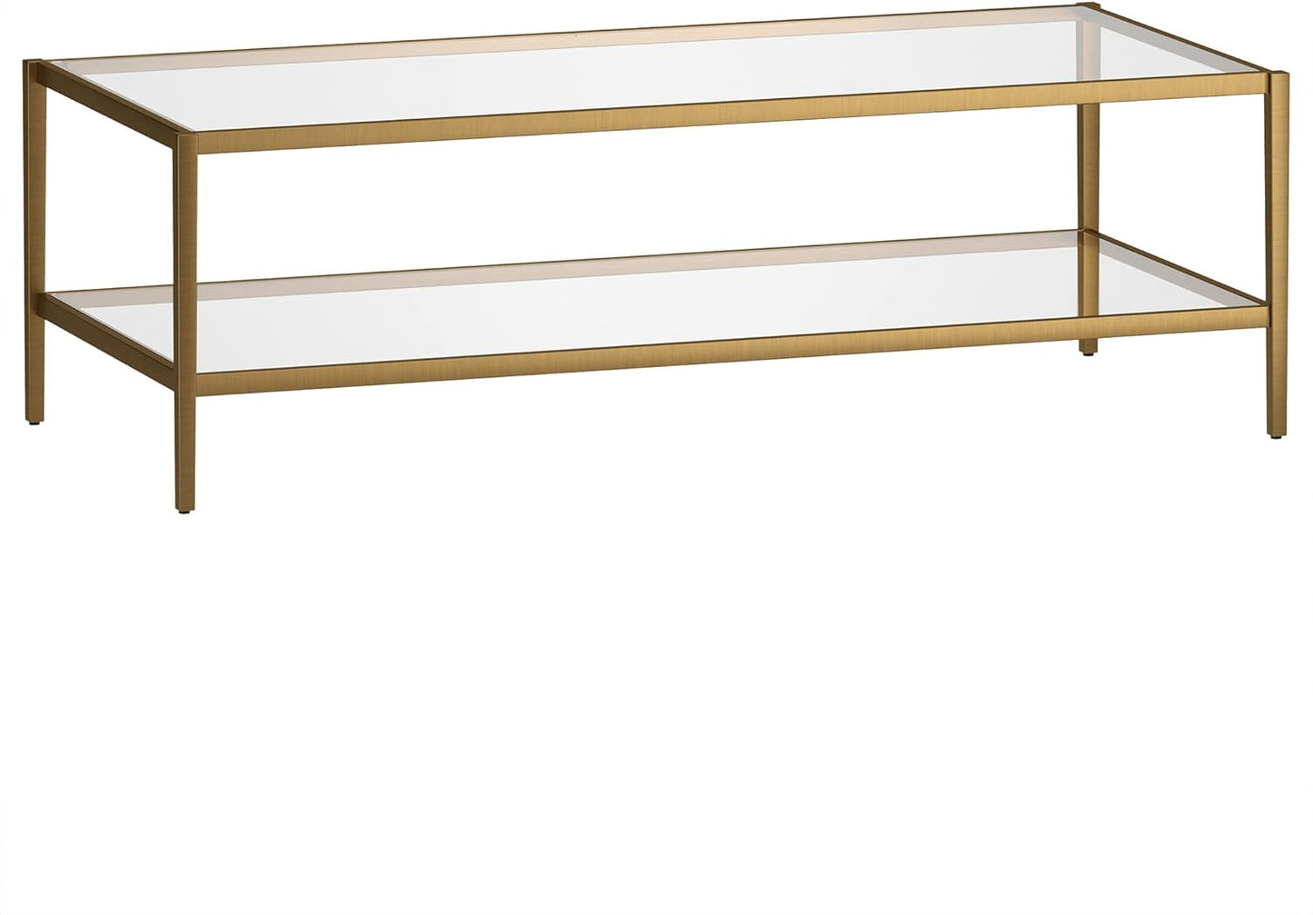 Henn&Hart 54" Wide Rectangular Coffee Table with Glass Shelf in Antique Brass, Modern coffee tables for living room, studio apartment essentials