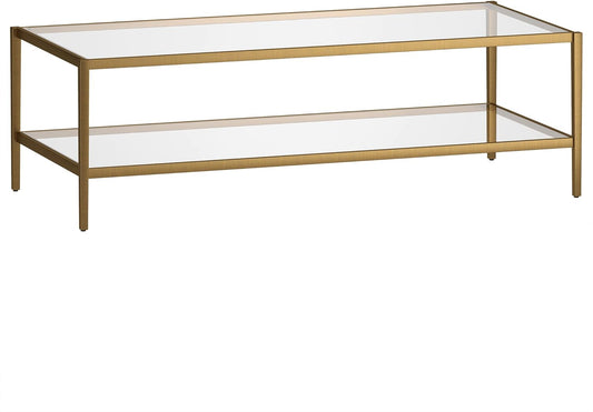 Henn&Hart 54" Wide Rectangular Coffee Table with Glass Shelf in Antique Brass, Modern coffee tables for living room, studio apartment essentials