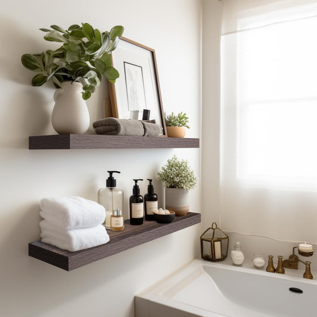 LaVie Home Floating Shelves, 24 Inch Wall Shelf Set of 2, Hanging Shelf with Invisible Brackets, Wall Decor for Bathroom, Bedroom, Living Room, Kitchen Storage, Rustic Brown