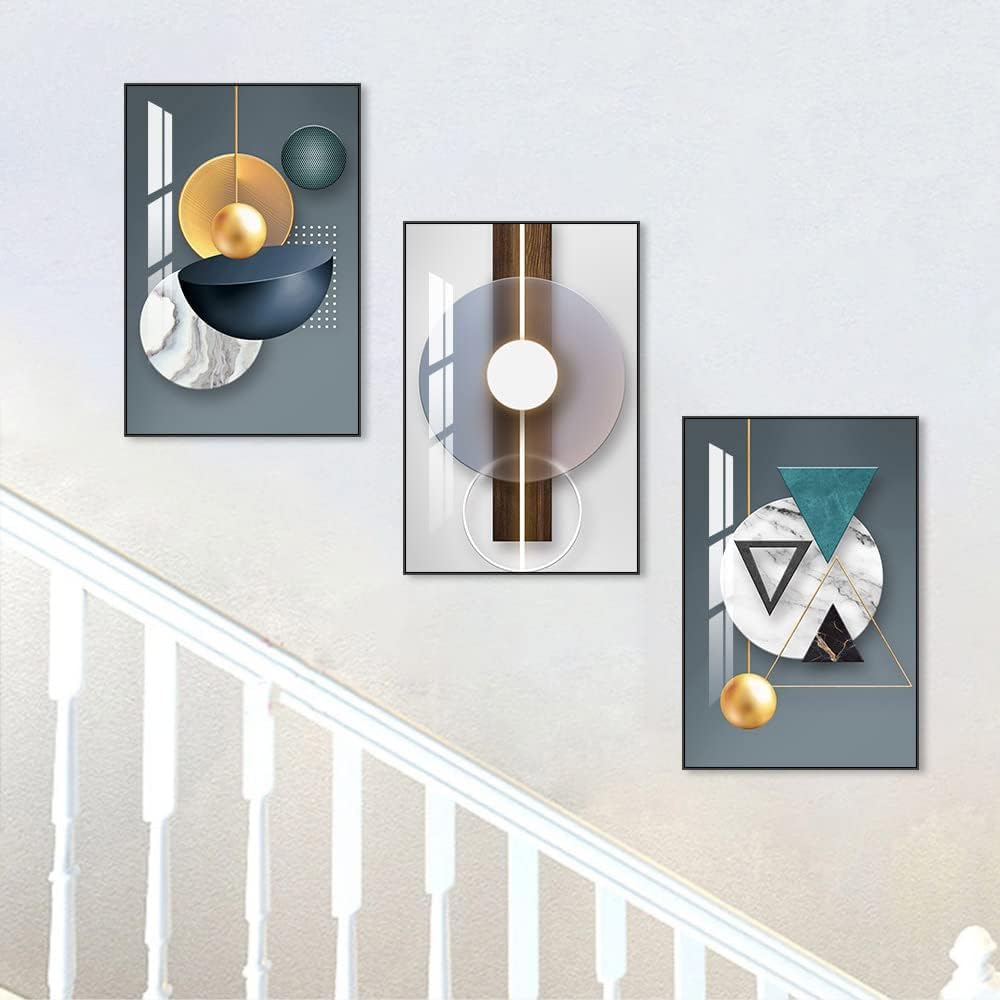 ARTKN Canvas Wall Art 3 Pieces,Abstract Geometry Framed Art Shape Pattern Paintings,Modern Wall Decor Artworks for Living Room Bedroom Office Decoration (Blue, 20" X 28" X 3 pieces)