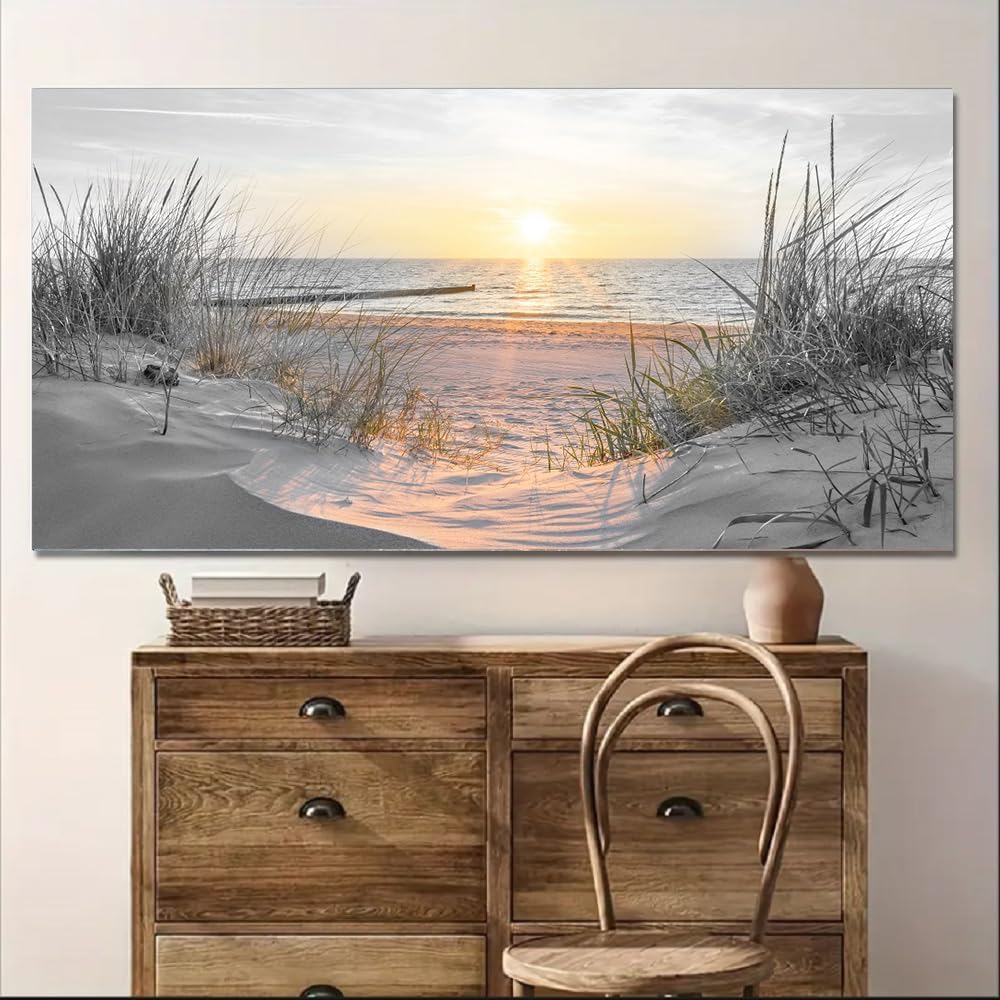 Yxbhhym-Large Wall Decor Living Room Black and White Sunset Beach Wall Art Ocean Picture Print Coastal Decor Seascape Artwork Sea Painting Poster Bedroom Wall Art Framed Office Home Decor