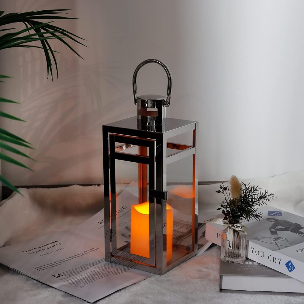 TRIROCKS Stainless Steel Decorative Lantern 12'' High Metal Hanging Lantern with Clear Glass Panels Perfect for Home Decor Living Room Parties Events Tabletop Indoors Outdoors (Silver)