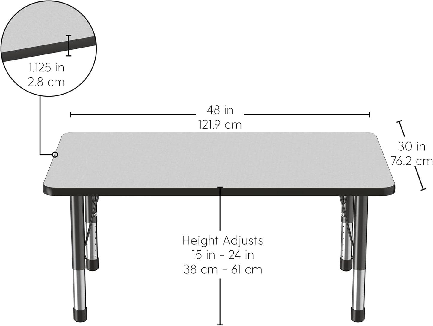 FDP Rectangle Activity School and Classroom Kids Table (30 x 48 inch), Chunky Toddler Legs, Adjustable Height 15-24 inches - Gray Top and Black Edge