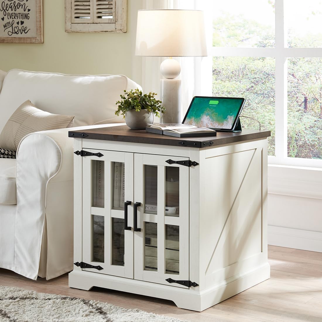 Farmhouse End Table with Charging Station,24" Large Side Table with Glass Barn Door, Rustic Wood Nightstand Bedside Table with Adjustable Storage Shelf for Living Room, Bedroom,White,2 Pack