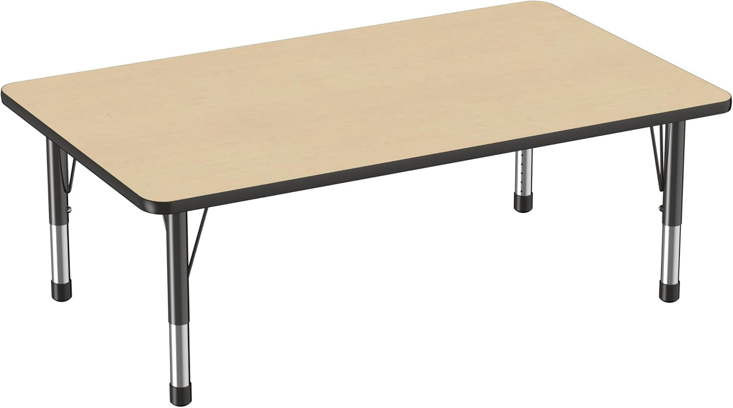Factory Direct Partners FDP Rectangle Activity School and Classroom Kids Table (36 x 60 inch), Toddler Leg, Adjustable Height 15-24 inches - Maple Top and Black Edge