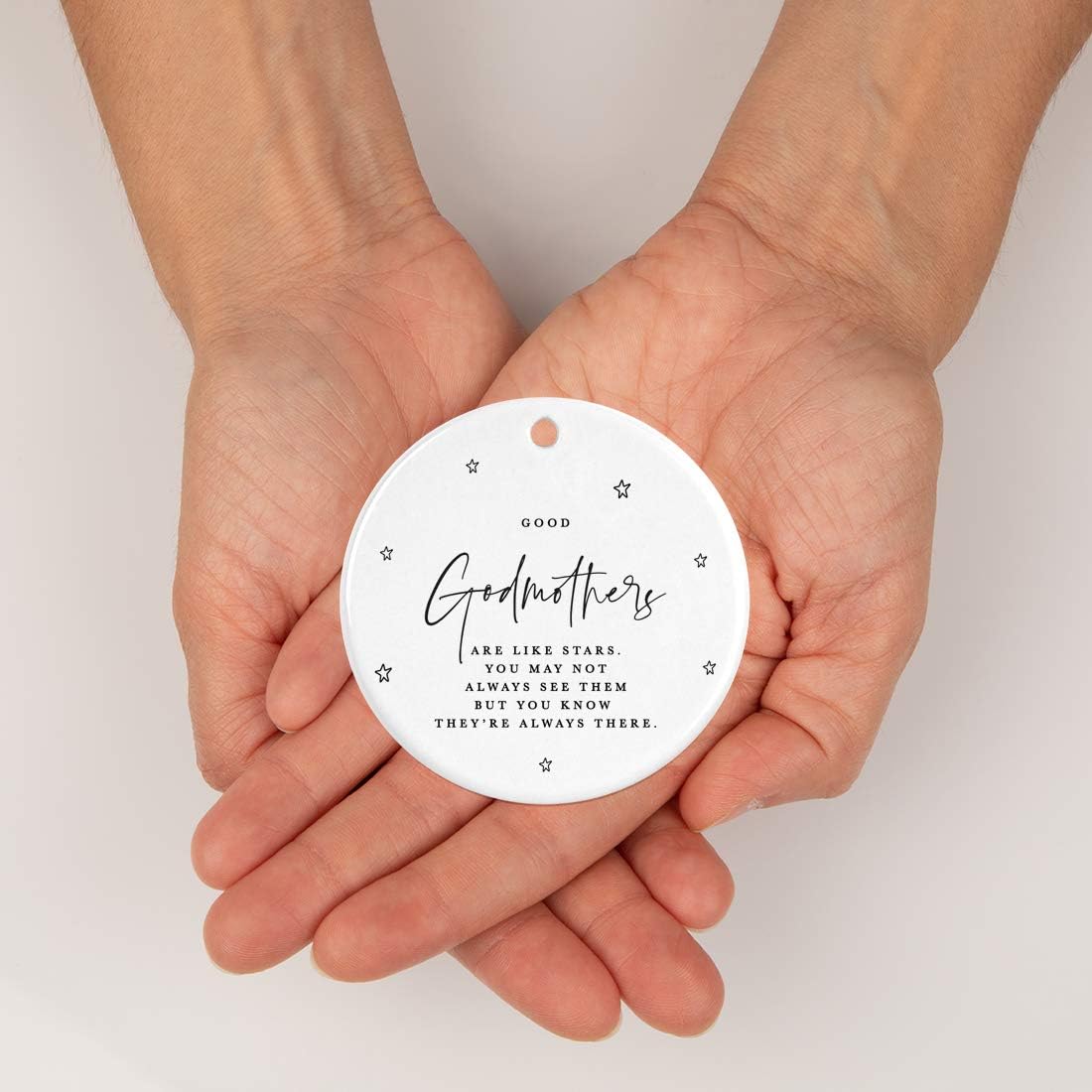 Andaz Press Round Ceramic Porcelain Christmas Ornament Collectible Godmother Gift, Good Godmothers are Like Stars. You May Not Always See Them But You Know They're Always There., 1-Pack