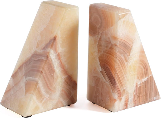 Marble Bookend for Heavy Books, Decorative Bookends for Shelves, Durable and Heavy-Duty Book End for Hardback Book & CDS, Unique Stopper & Holder, Mexico Onyx, Set of 2