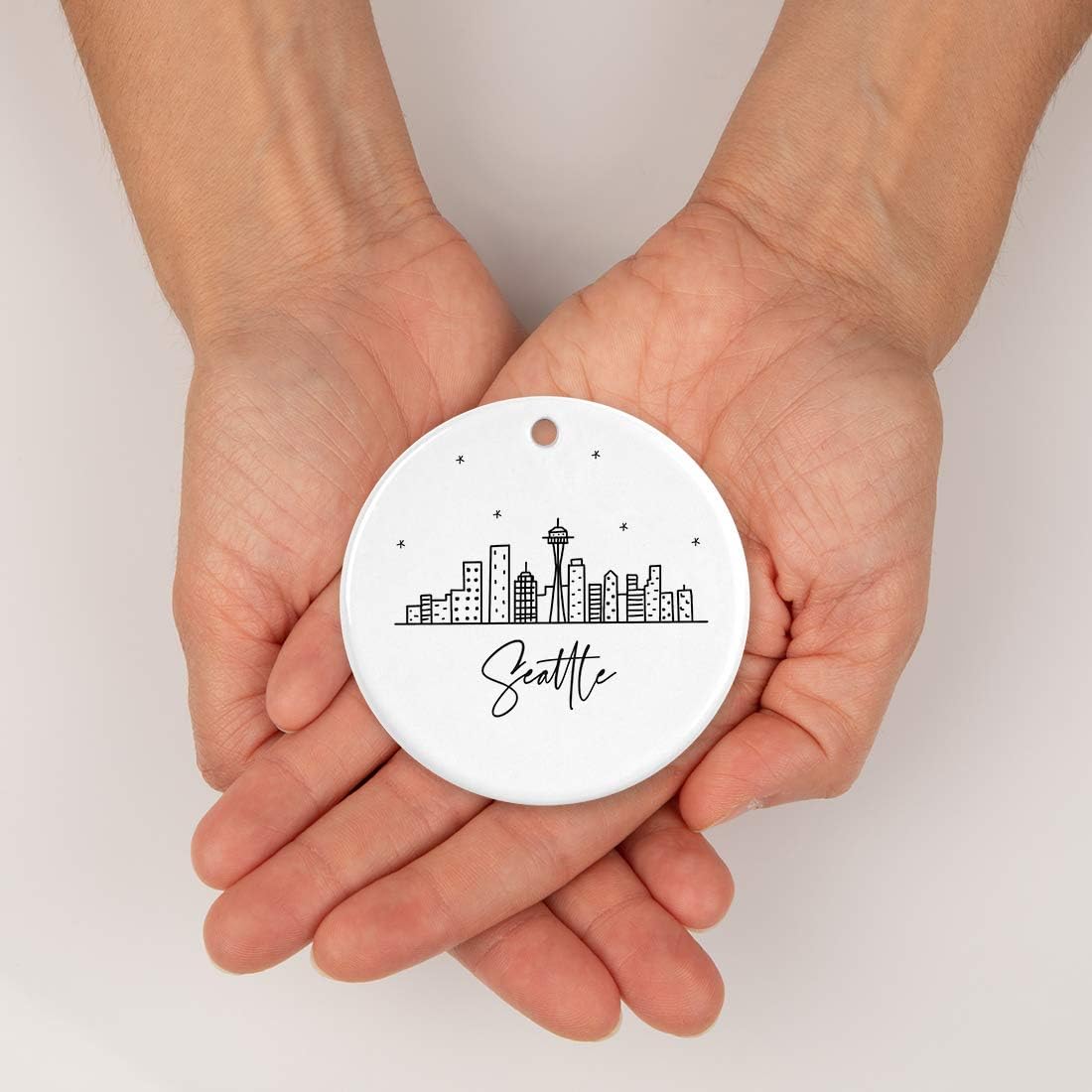 Andaz Press Round Ceramic Porcelain Christmas Tree Ornament Keepsake, Seattle Black and White Stars City Skyline Graphic, 1-Pack, Birthday Gift Ideas Family Coworker Him Her, Includes Gift Box