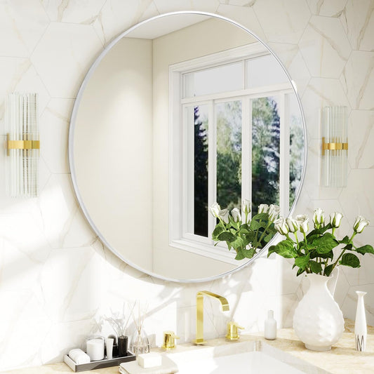 BEAUTYPEAK 24 Inch Round Mirror, Metal Frame Circle Mirror, Wall Mounted for Entryway, Bathroom, Vanity, Living Room, White