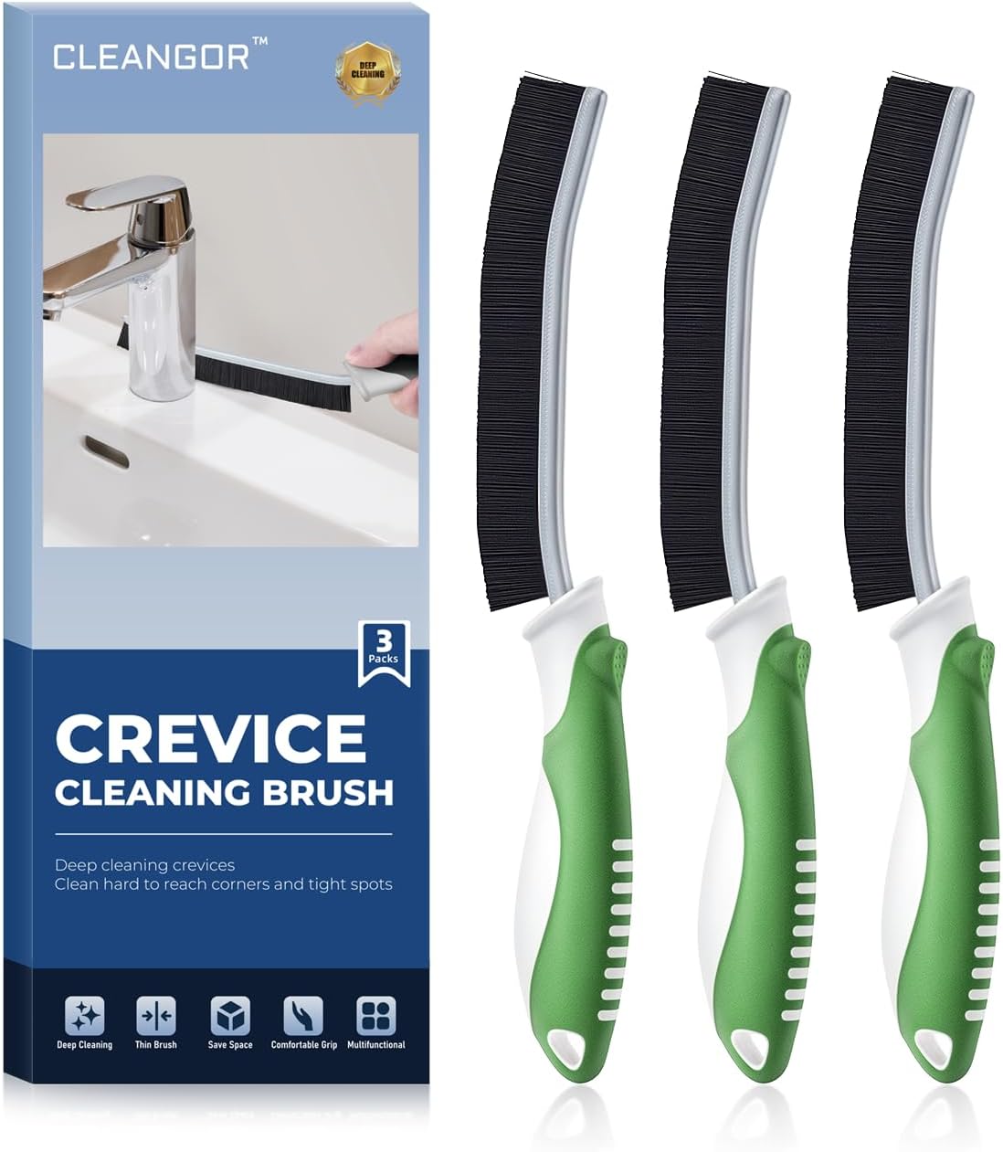 Crevice Cleaning Brushes, Scrub Brush for Hard to Reach Small Space, Home Essentials, Cleaning Supplies, Cleaning Tools for Household Use, Bathroom, Shower, Kitchen, Toilet, Window (3, Green)