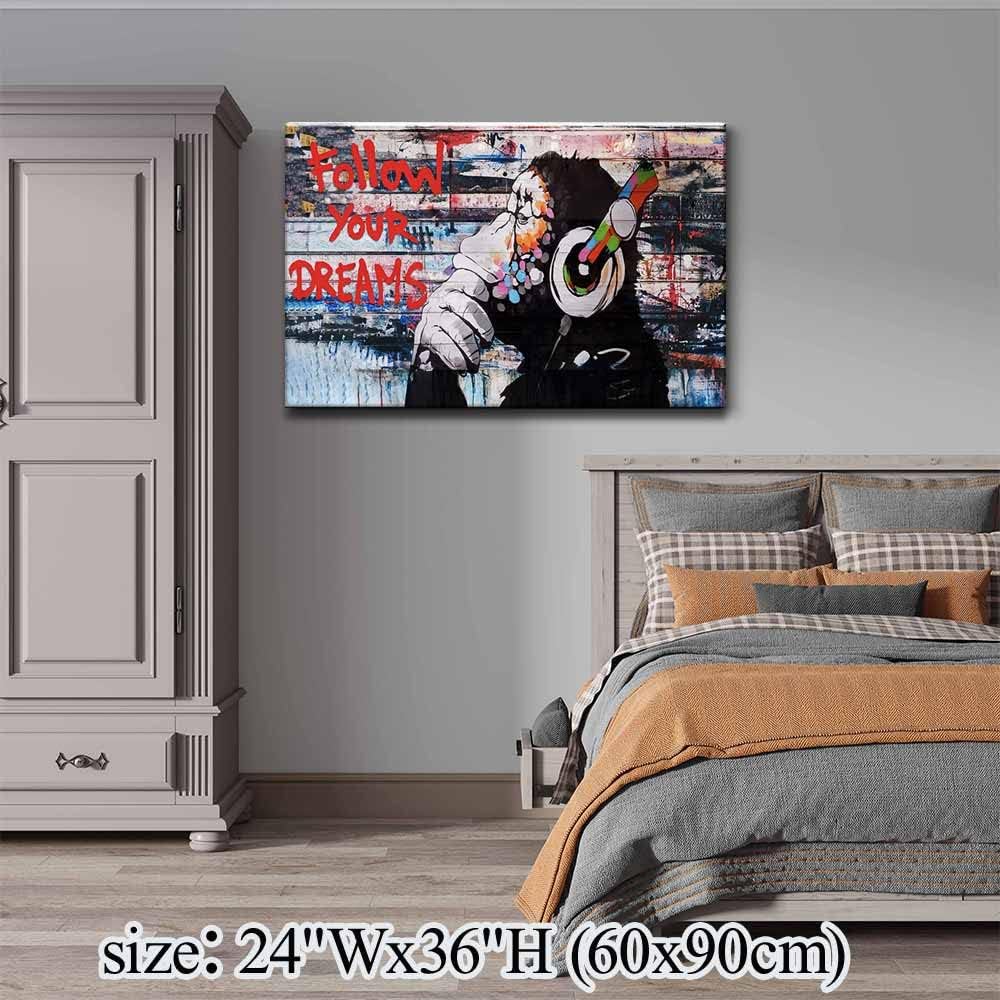Framed Banksy Graffiti Canvas Wall Art Follow Your Dreams Monkey Poster With Headphones Prints Street Painting Picture Man Cave Wall Decor Pop Art for Living Room Ready To Hang 12"Wx16"H (30x40cm))