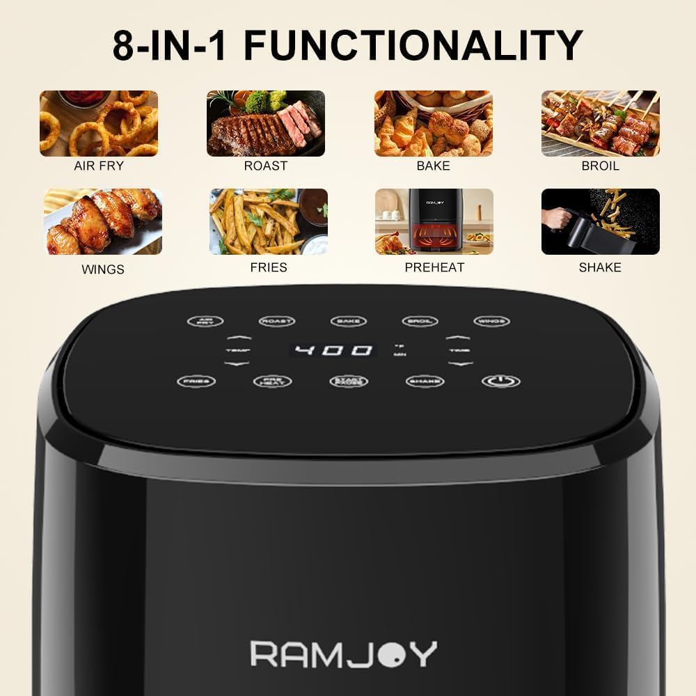 Air Fryer 3.8 Quarts for 1-2 people, 8-in-1 Functions, Air Fry, Roast, Bake, Broil, Preheat, Shake, Digital Small Air Fryer, Nonstick Dishwasher-Safe Basket, Compact Air Fryers, Black