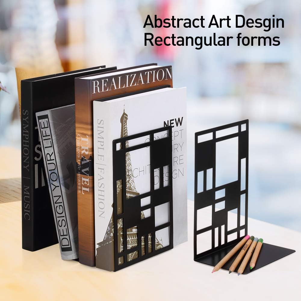 Book Ends, Bookends, Book Ends for Shelves, Bookends for Heavy Books, Book Divider Decorative Holder, Metal Heavy Duty Bookend Black 2 Pair, Abstract Art Desgin Book Stopper Supports for Office, Home