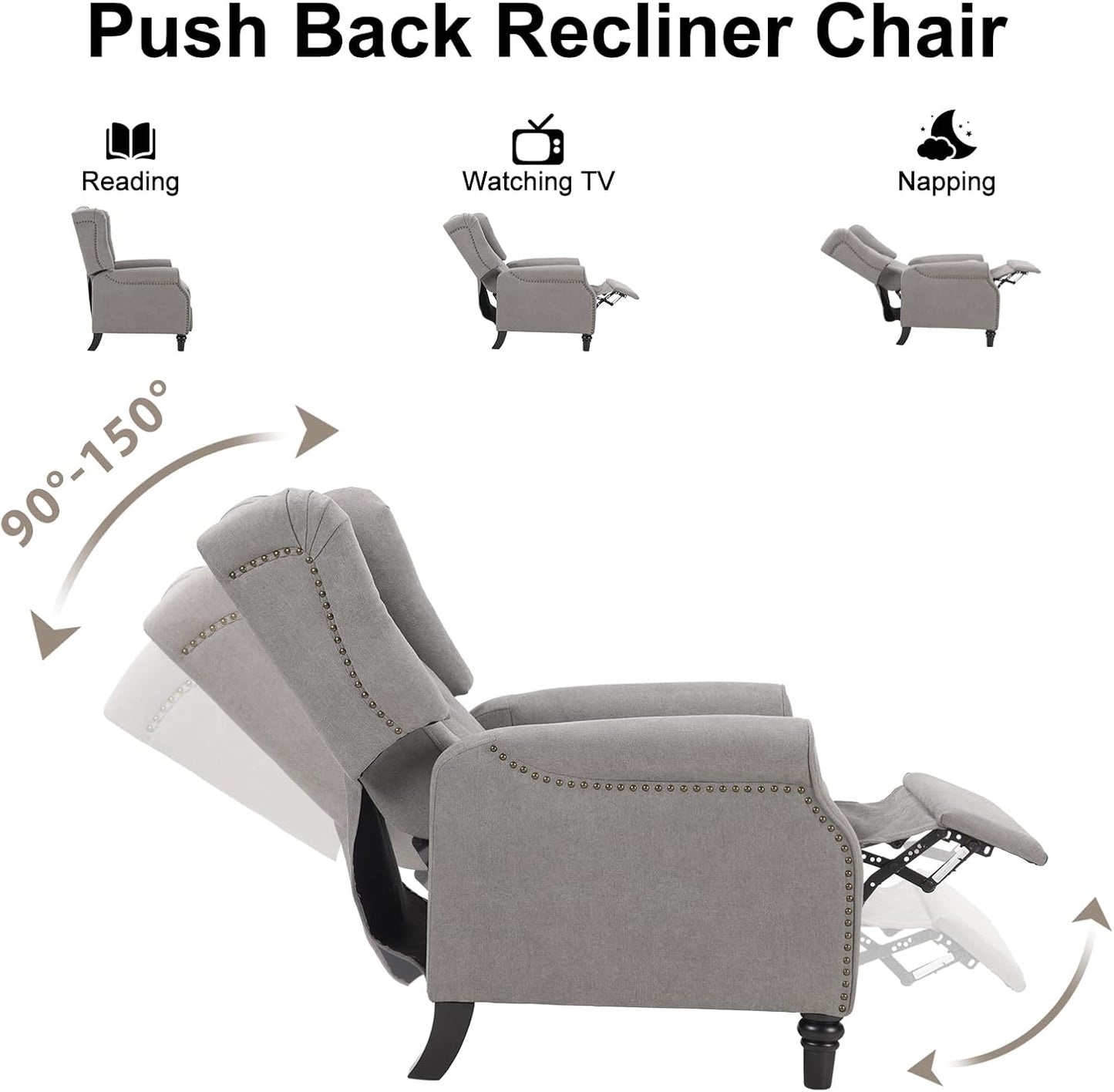 EBELLO 2 Pcs Pushback Recliner Chairs, Fabric Armchair Push Back Recliner with Rivet Decoration, Single Sofa Accent Chair for Living Room, Bedroom, Grey