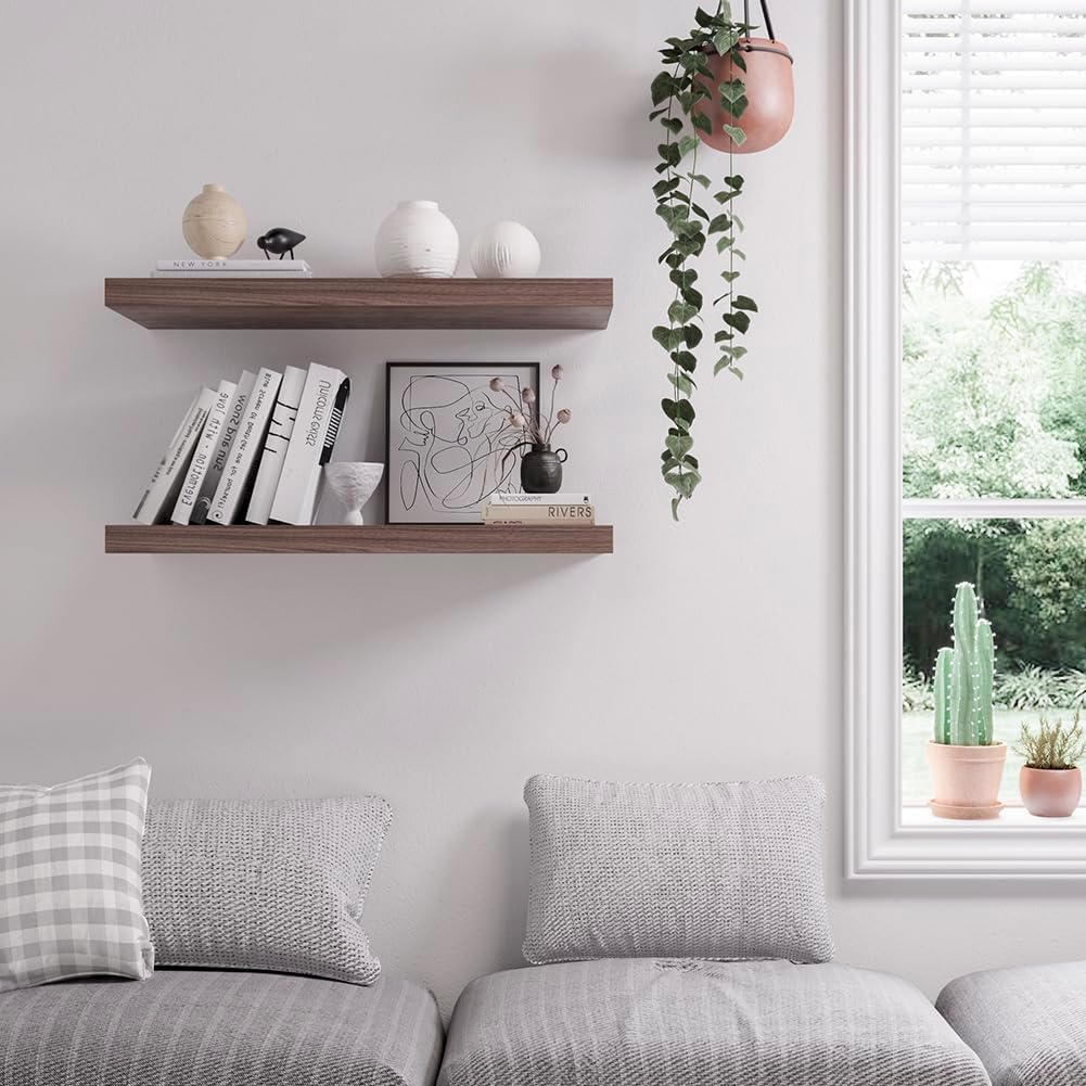 Floating Shelf, Set of 2 Wall Shelf, 30 in W x 12.75 in D x 2 in H Wooden Floating Wall Shelf with Invisible Brackets for Living Room/Bedroom/Bathroom/Kitchen Storage and Decor, Walnut