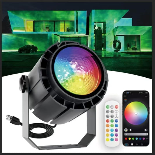 Water Wave Projector with APP & RF Control, IP65 Waterproof Smart Outdoor Lights, 1-100% Dimmable Color Changing, Music Sync & Flame Effect for Pool Party, Ocean Ripple Landscape Lighting