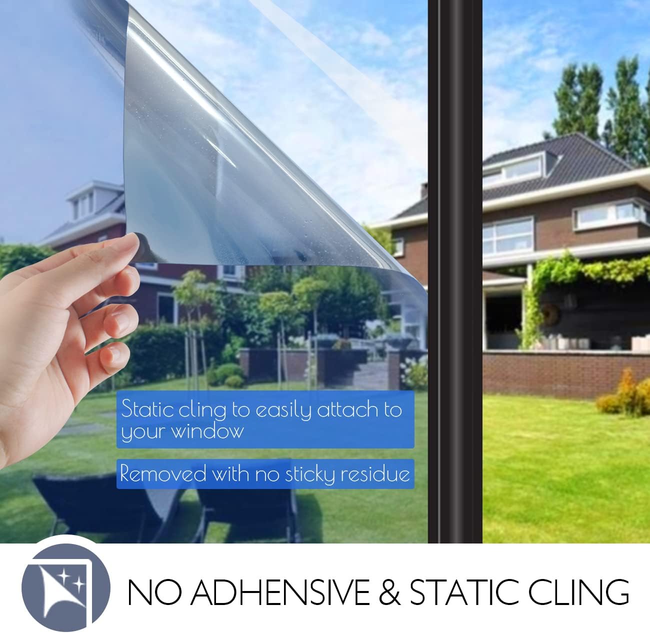 HIDBEA One Way Privacy Window Film, Daytime Mirror Reflective Heat Control UV Sun Blocking Non-Adhesive Static Cling Window Tint for Home and Office (Blue-Silver, 29.5 Inch x 6.5 Feet)