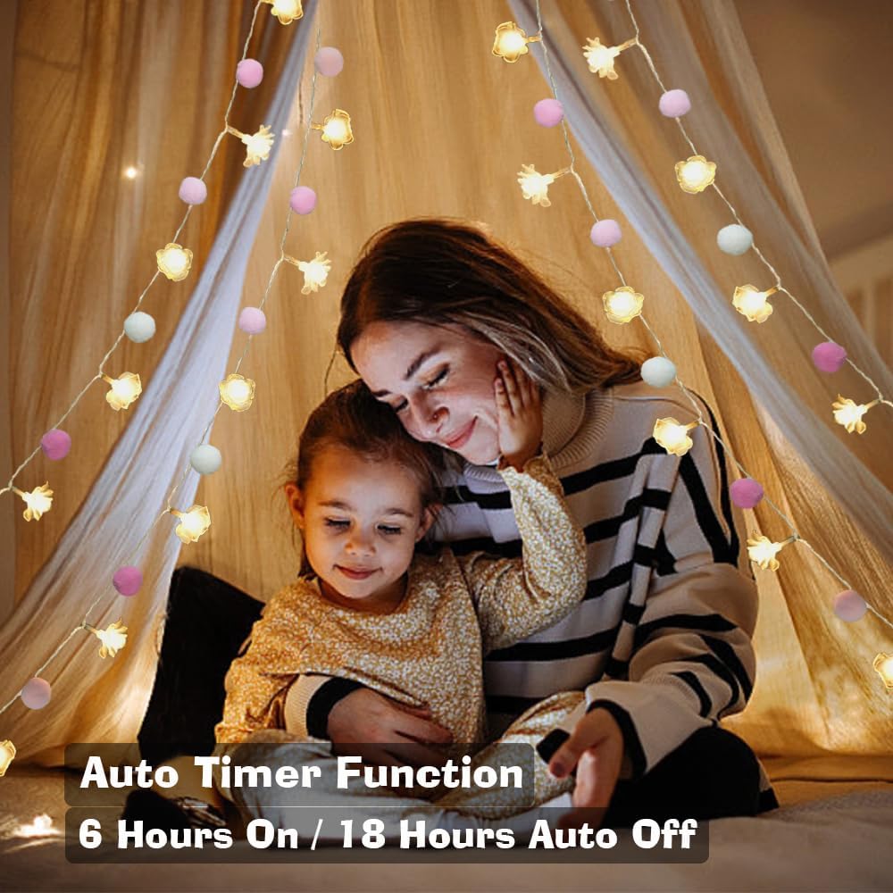 9.85Ft String Lights 20 Cute Pink Pompoms 20 LEDs Rose Fairy Lights Garland Battey Operated with Timer Flower Lights for Bedroom Kids Room Party Birthday Wedding Valentines Decorations
