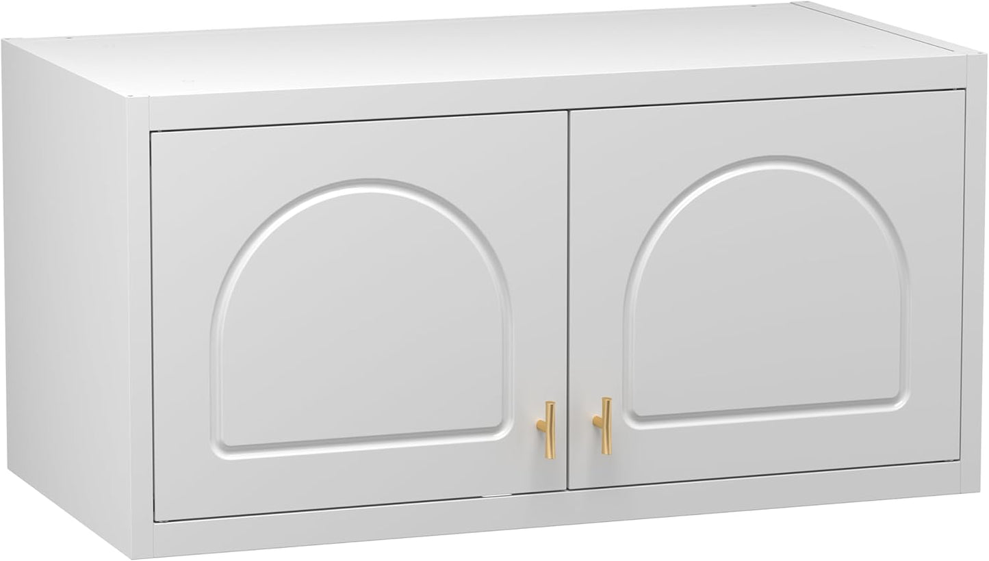 Wall Cabinet with Doors, Small Hanging Cabinet for Kitchen Pantry, Metal Overhead Cabinets for Dining, Living Room, Bathroom, 16" D x 32" W x 15" H, White, Assembly Required