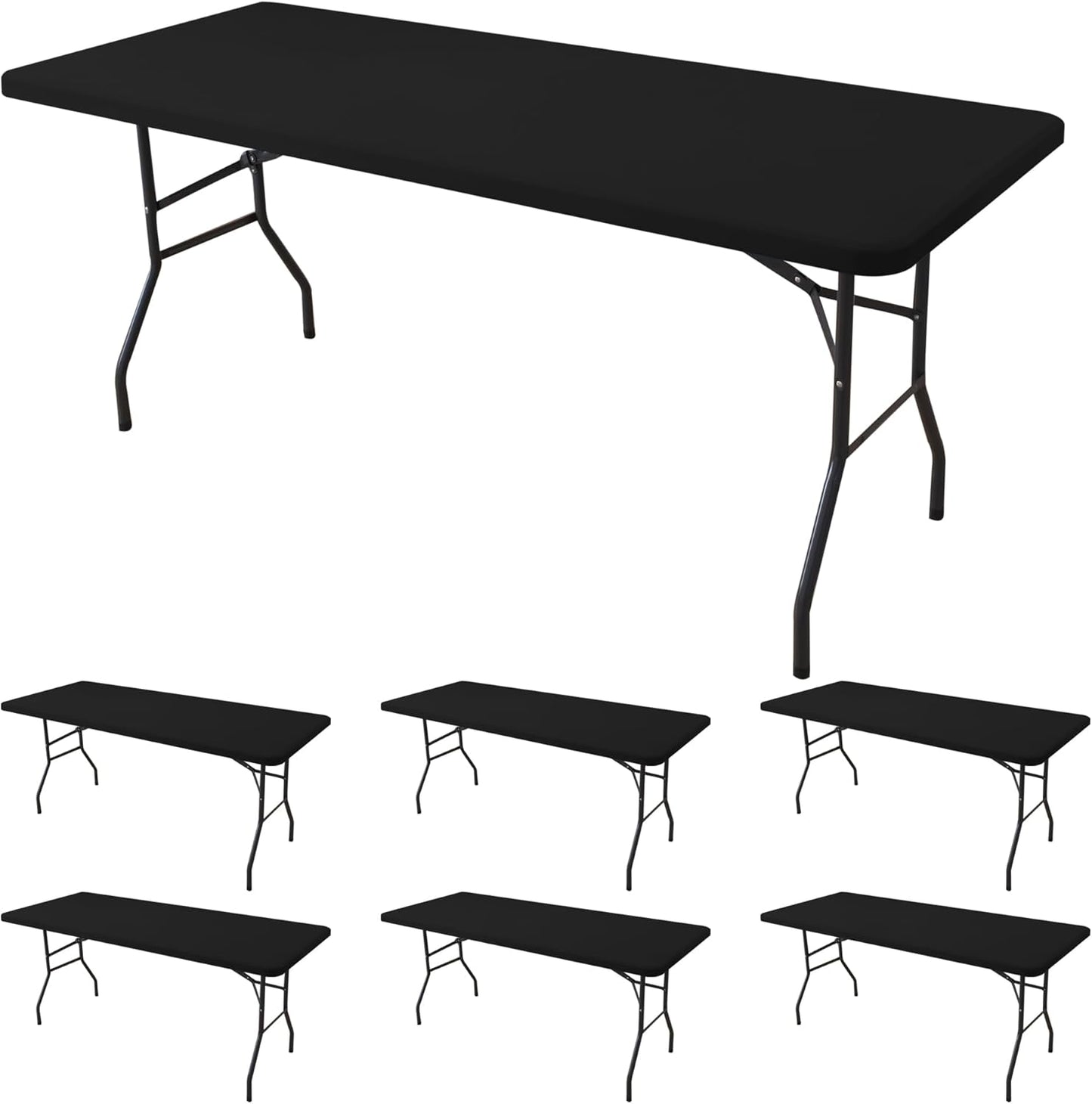 Fitted Tablecloth for 8 Foot Rectangle Tables-6 Pack Black Elastic Outdoor Picnic Table Cover-Spandex Stretch Folding Table Cloths 8ft for Camping Dining Room Patio Kitchen Banquet Party