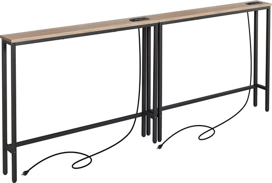 ELYKEN 2 Pack 5.9" Narrow Console Sofa Table with Power Outlets, 5.9" Dx39.4 Wx31.1 H Long Couch Table with Metal Frame and Charge Station with 6.5’ Extension Cord, White Oak