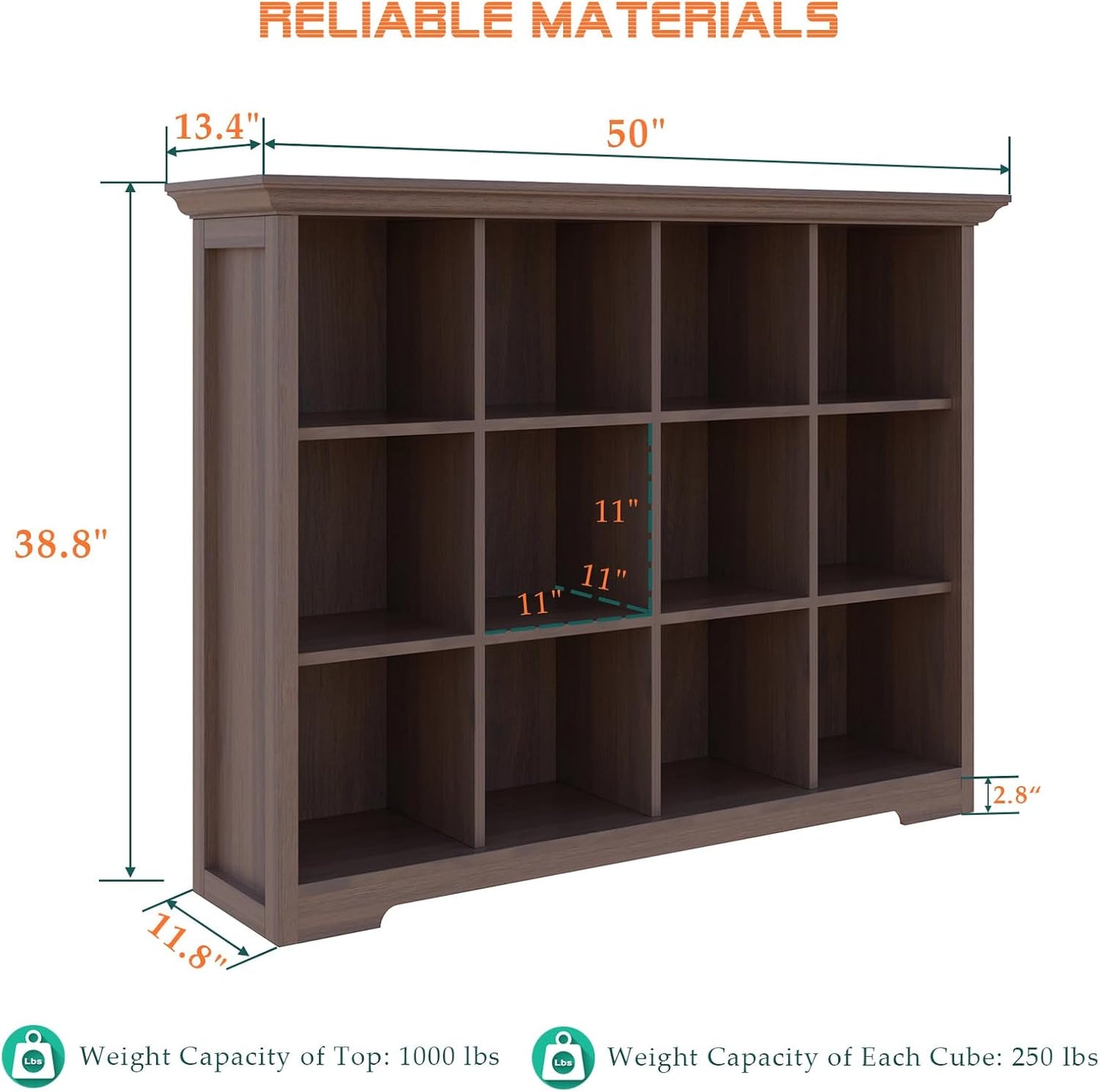 Cube Shelf Bookcase with Base - Wooden 3 Tiers Floor Standing Low Storage Cabinet for Home and Office, 12-Cube Lattice Bookshelf, Walnut