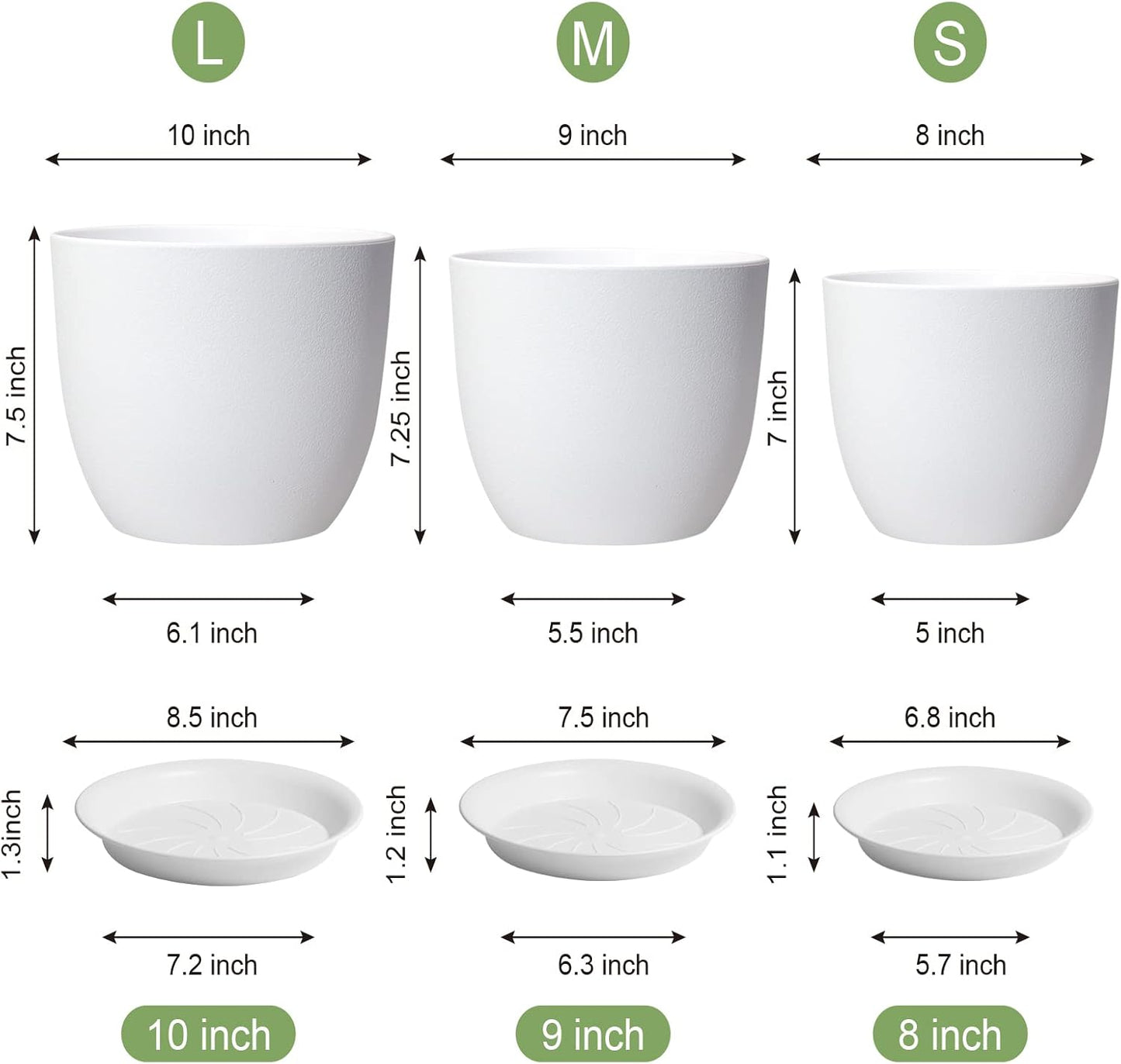 10/9/8 inch Medium Flower Pots, 3 Pack Modern Decorative Plastic Planters with Drainage Holes and Tray, Plant Pots for Indoor Outdoor Plants, White