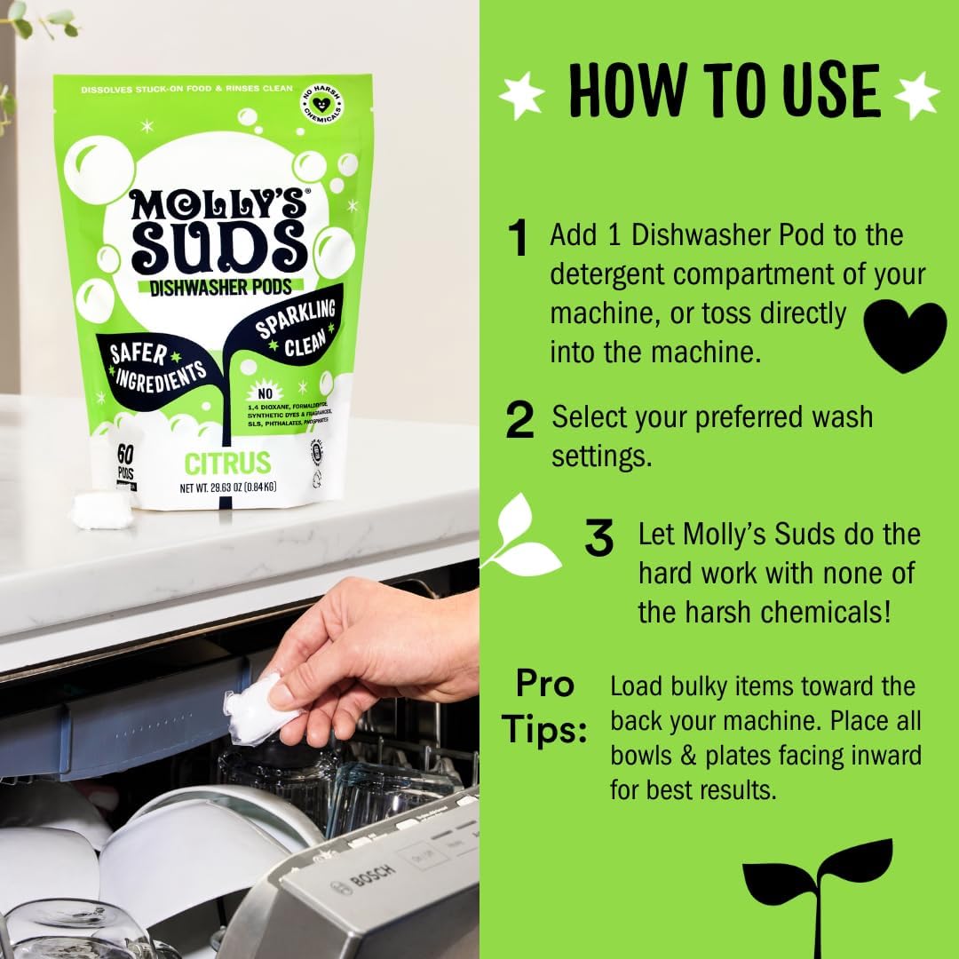 Molly's Suds Dishwasher Pods | Clean Dishwasher Detergent, Cuts Grease & Rinses Clean (Residue-Free) for Sparkling Dishes | 60 Auto-Release Tabs (Citrus)